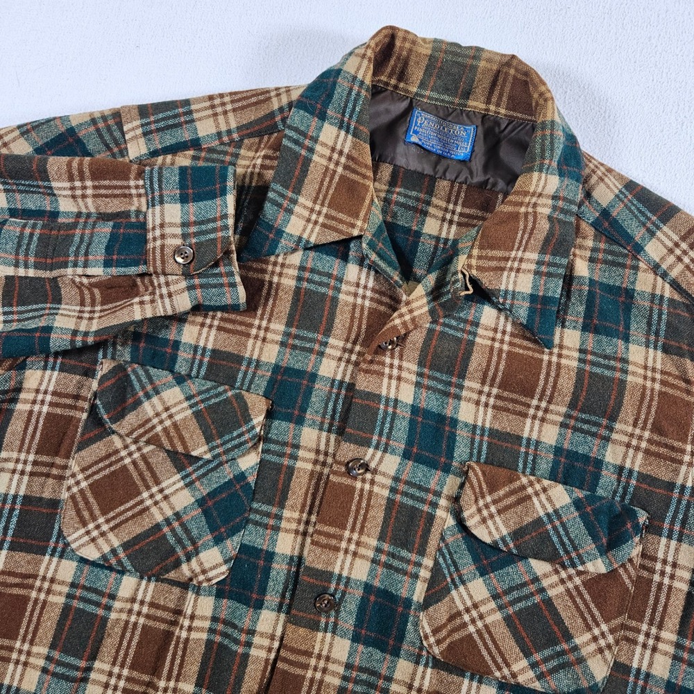 Pendleton Board Shirt Mens XL Brown Green Plaid 100% Virgin Wool Made in USA